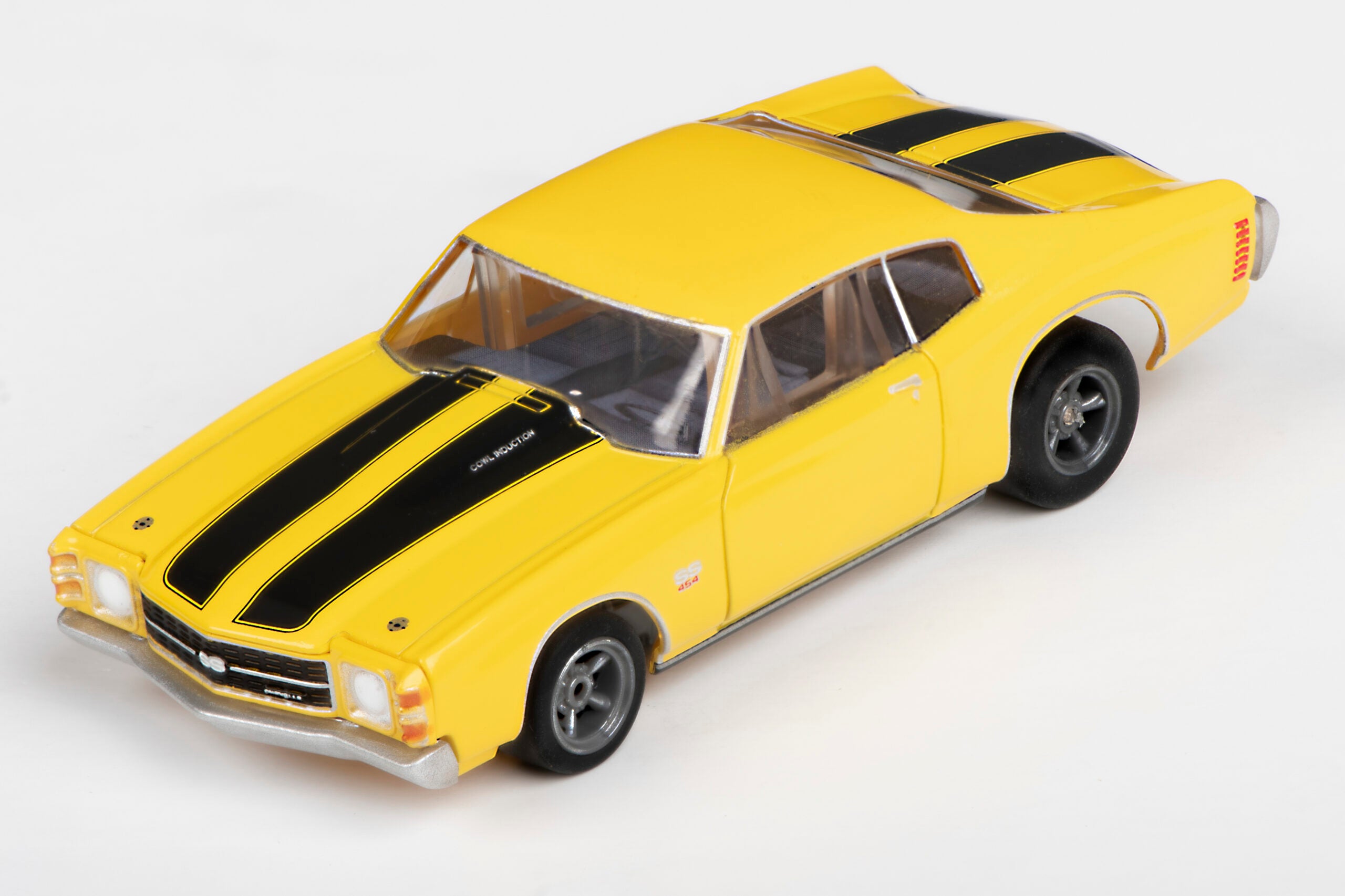 AFX Mega G+ 22050 1971 Chevelle 454 – Yellow with Black Stripes & 5 Spoke Gray Wheels – HO Scale Slot Car