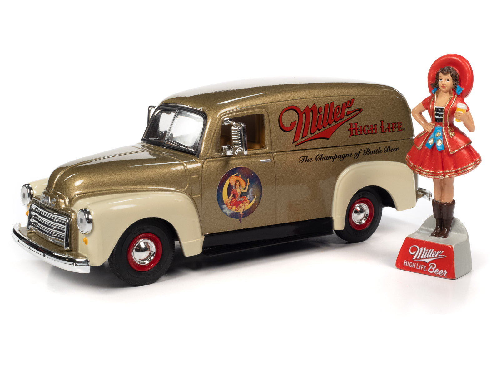 Auto World 1951 GMC Delivery Truck Miller High Life w/Resin Miller Girl Figure 1:25 Scale Diecast