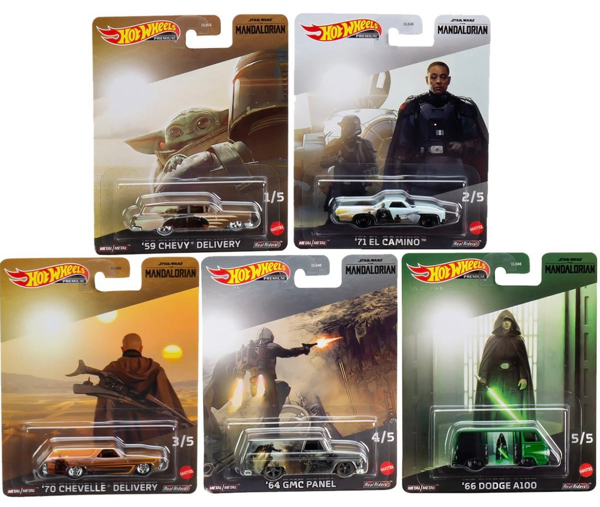 Hot Wheels 2023 Premium Pop Culture Star Wars Mandalorian 1:64 Diecast Cars, Set of 5 Cars