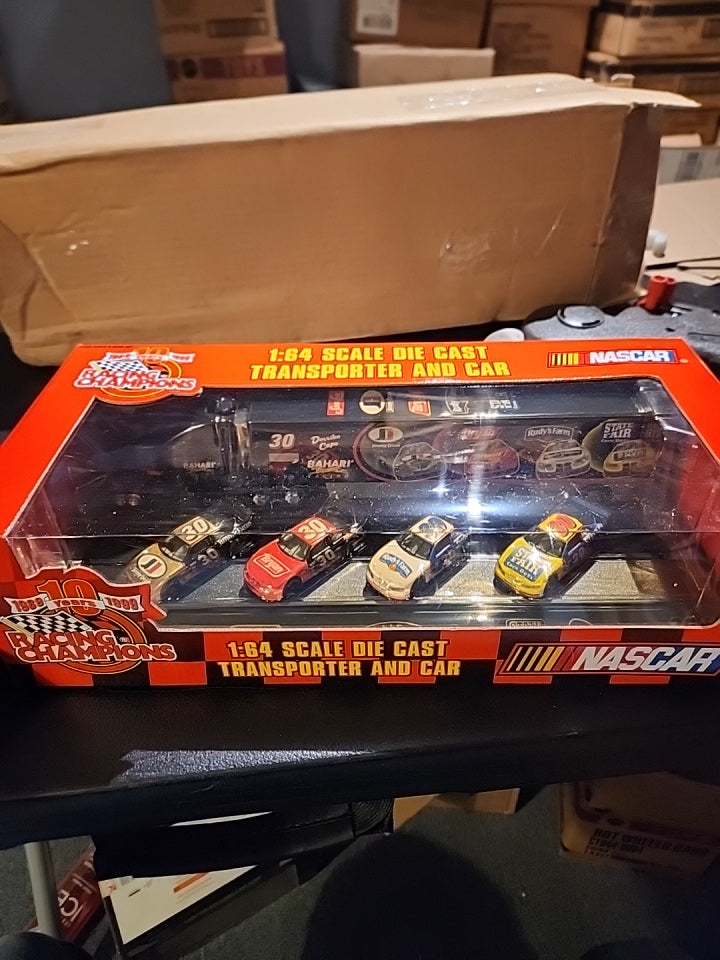 1999 racing champions 1:64 scale die cast transporter and 4 cars