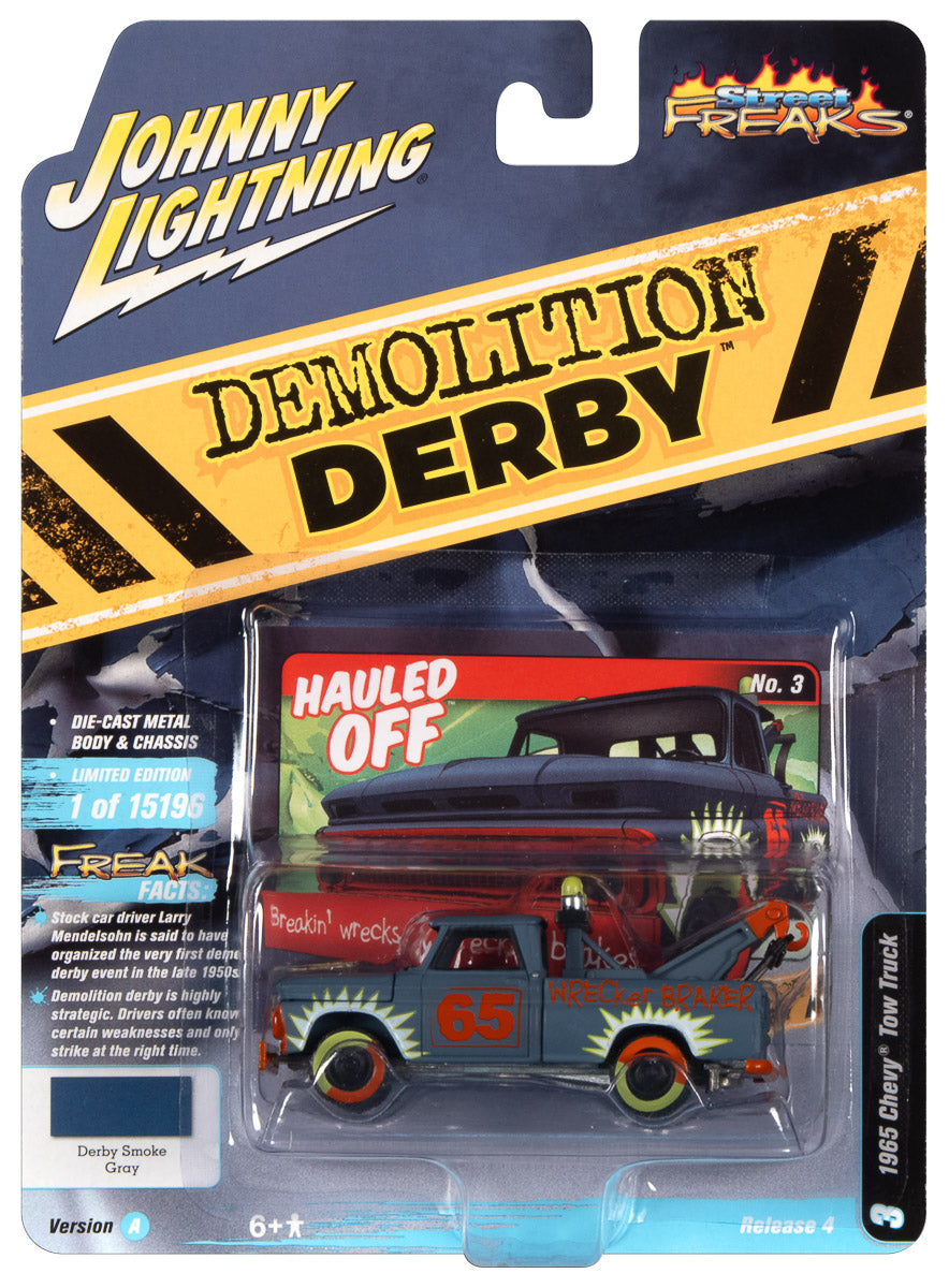 Johnny Lightning Street Freaks 1965 Chevy Truck Tow Truck (Demolition Derby) ( Flat Smoke Blue-Gray) 1:64 Scale Diecast