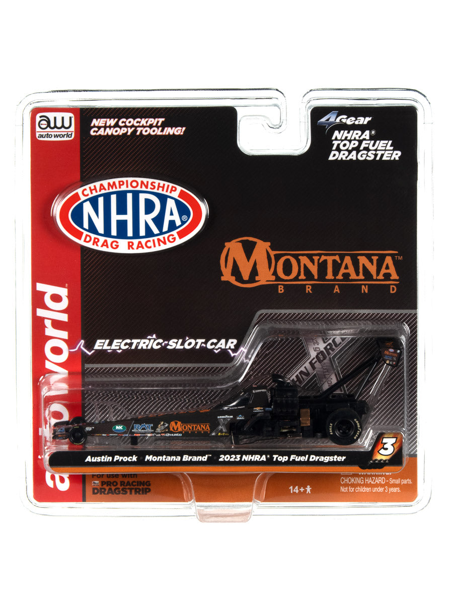 Auto World 4Gear NHRA Austin Prock – 2023 Montana Brand Top Fuel Dragster HO Scale Slot Car