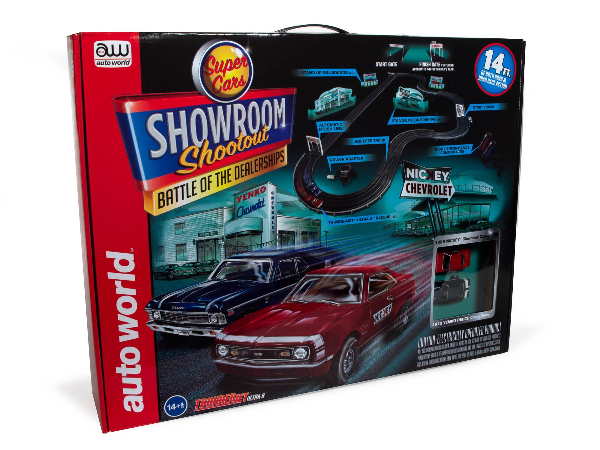 Auto World 14′ Showroom Shootout “Battle of the Dealerships” Slot Race Set HO Scale