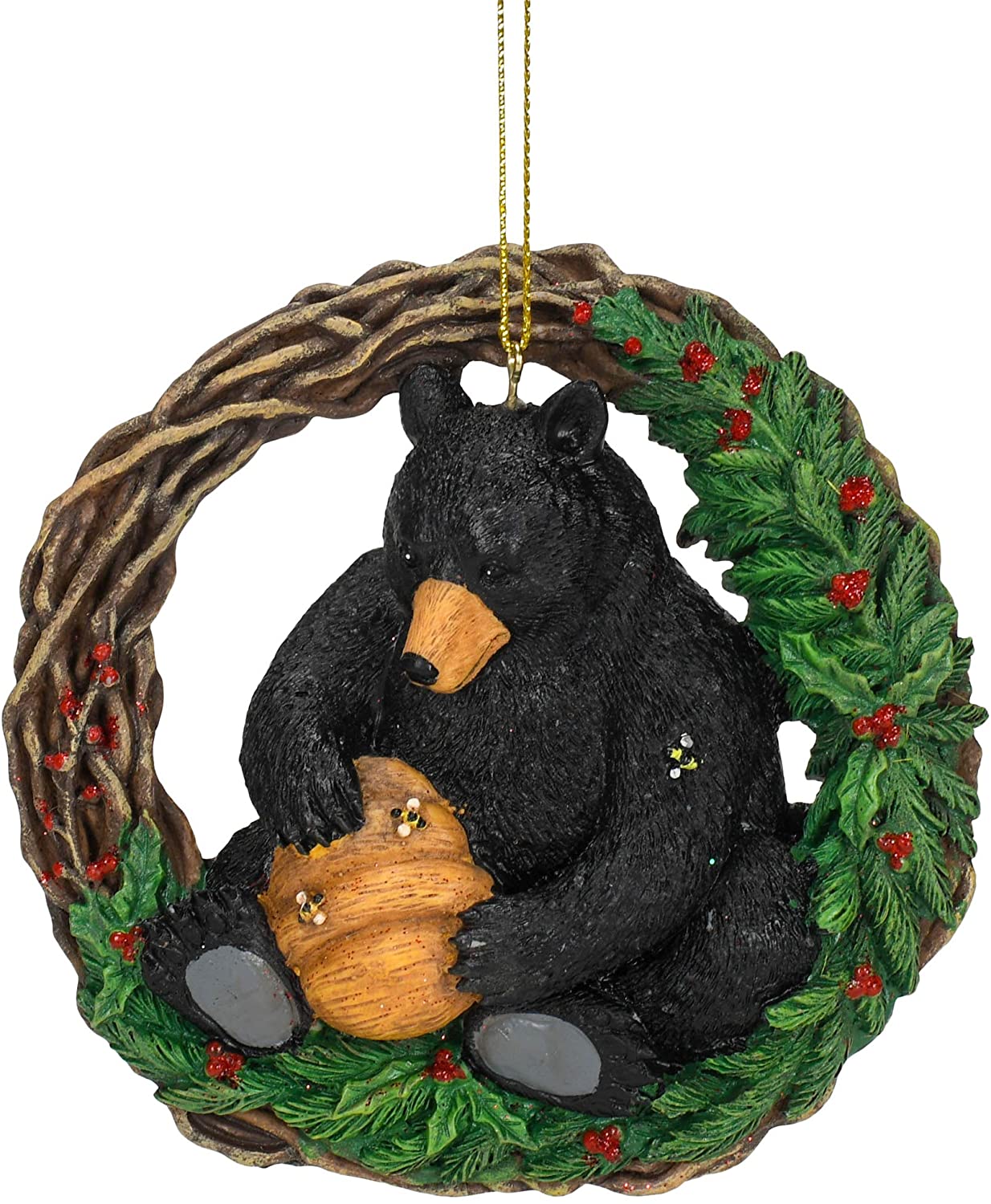 Black Bear with Bee Hive Wreath Ornament